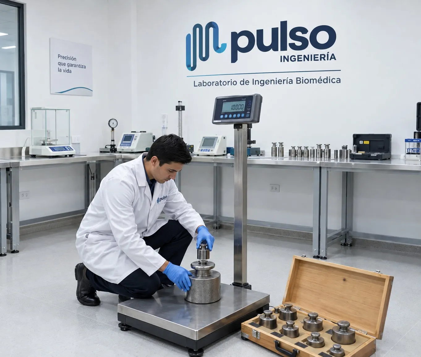 Báscula clínica en proceso de calibración