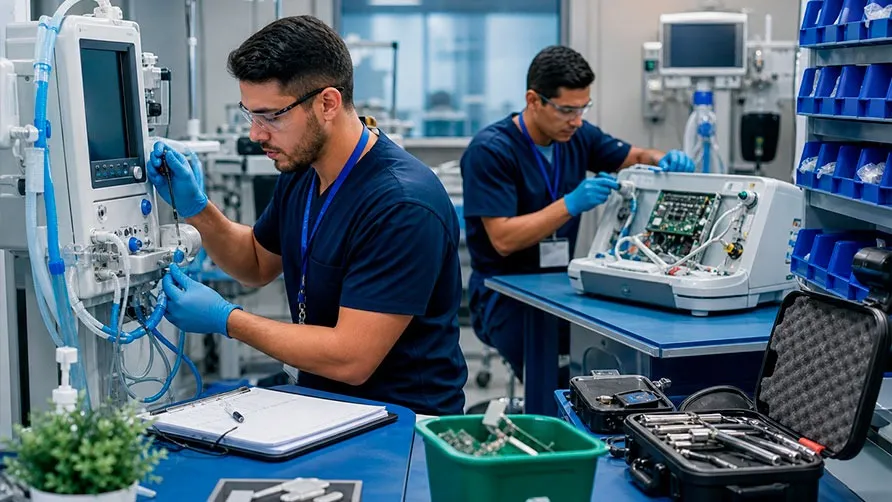 Técnico realizando mantenimiento preventivo a un monitor de signos vitales