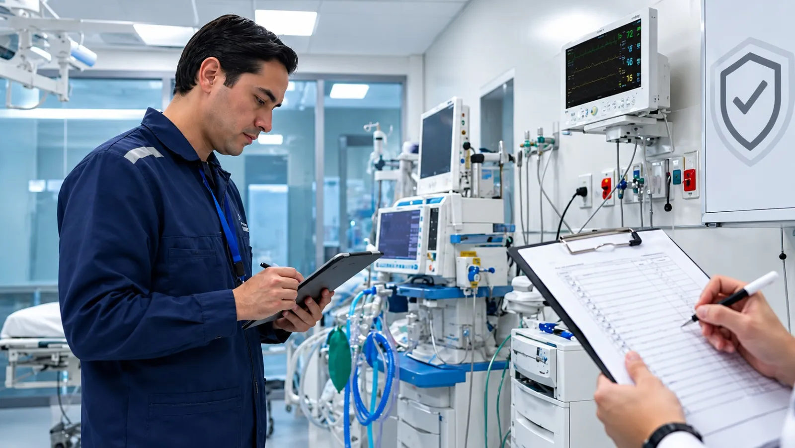 Ingeniero biomédico revisando documentación técnica de equipos en una IPS